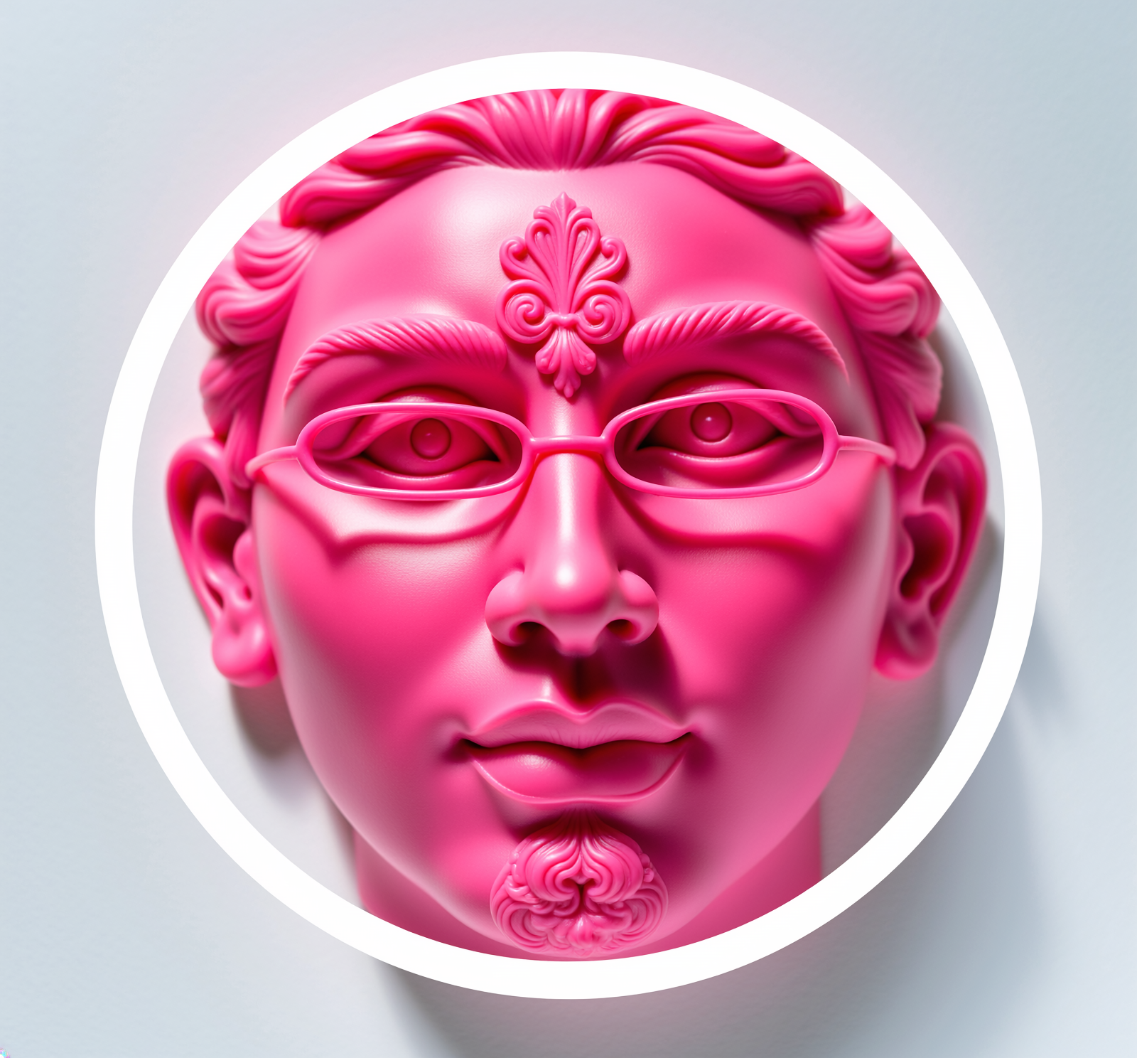 Firefly_ hot pink silicone sculpture of THE FACE, with glasses, caustic l 634131